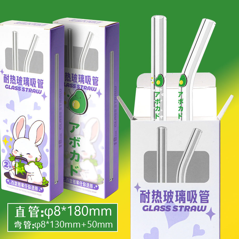 Transparent Heat Resistant Glass Straw Milk Tea Juice Straw 2Straw +Cleaning Brush Straw