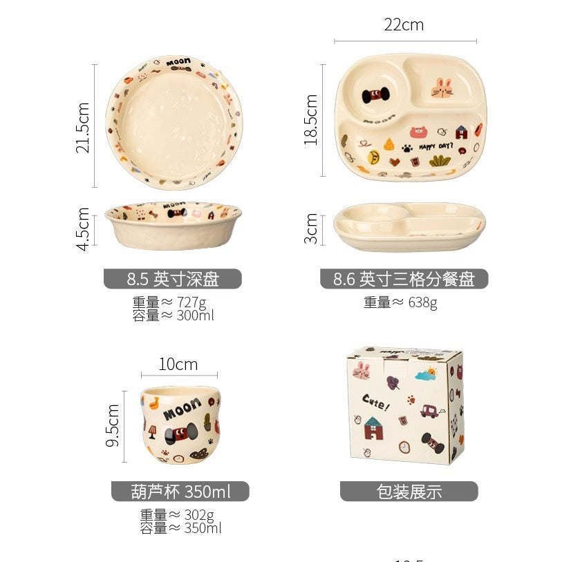 Cute Dog Series Underglaze Ceramic Tableware Set Compartment Plate Dinner Plate Rice Bowl Hand-held Cup
