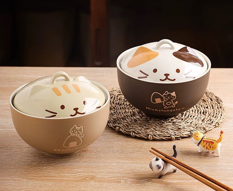 Cute Cat Ceramic Large Capacity with Lid Soup Bowl Noodle Bowl
