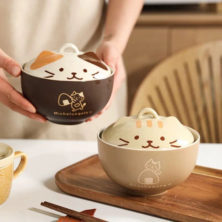 Cute Cat Ceramic Large Capacity with Lid Soup Bowl Noodle Bowl