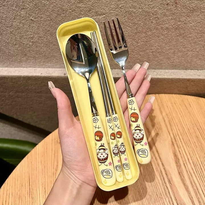 Chibi Maruko-chan 3-Piece Set Portable Tableware Set Stainless Steel Spoon +Fork +Chopsticks Pink Set