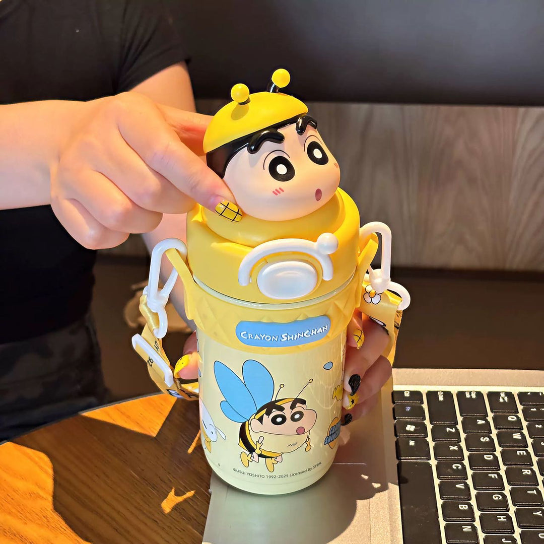 Crayon Shin-chan 316 Thermos Cup Portable Straw Cup Travel Mug Crossbody One-button Pop Lid +Safety Lock 520ml