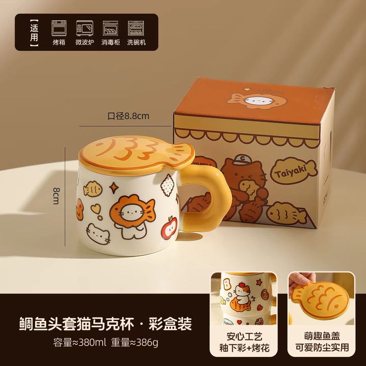 Cat Mug with Lid Ceramic Cup Underglaze Heat Resistant