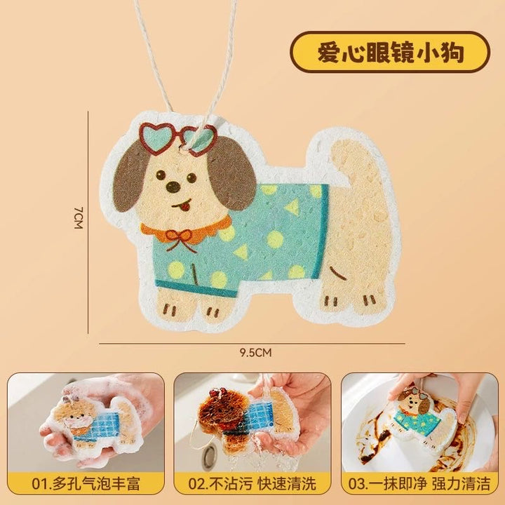 Cute Lanyard Wood Pulp Sponge Dish Sponge Cup Scouring Pad 1 Set Different Styles