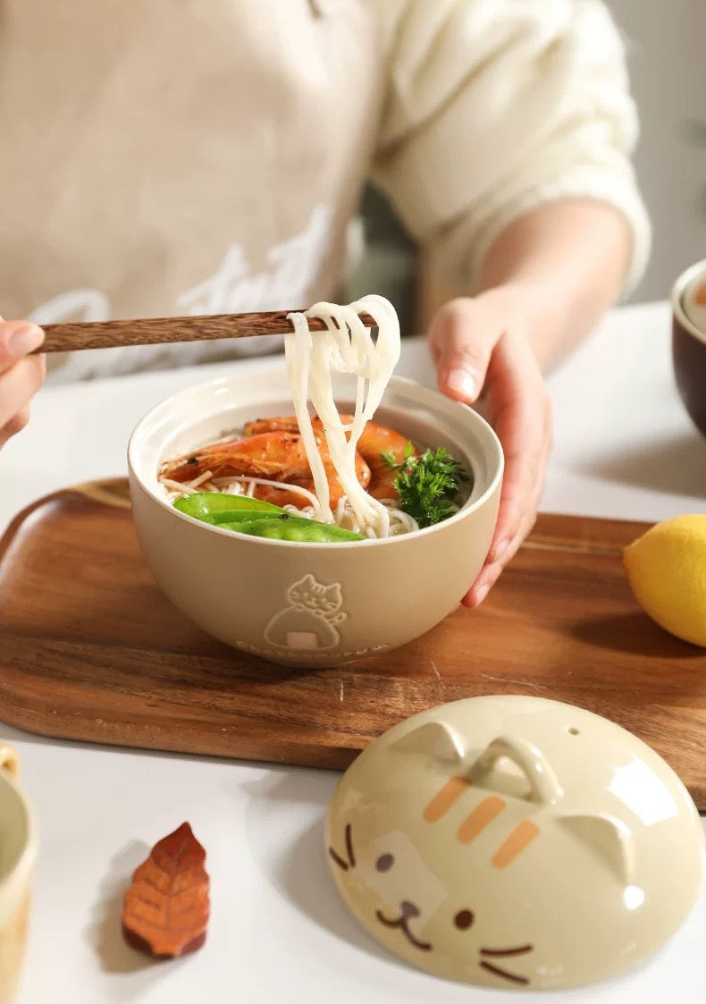 Cute Cat Ceramic Large Capacity with Lid Soup Bowl Noodle Bowl