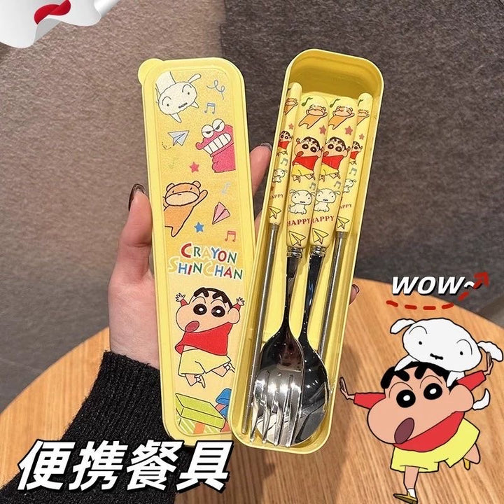 Crayon Shin-chan 304 Stainless Steel Spoon & Fork Chopsticks Portable Tableware 3-Piece Set