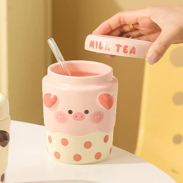 Cute Cute Milk Tea Straw Cup with Lid Ceramic Cup Glass Straw