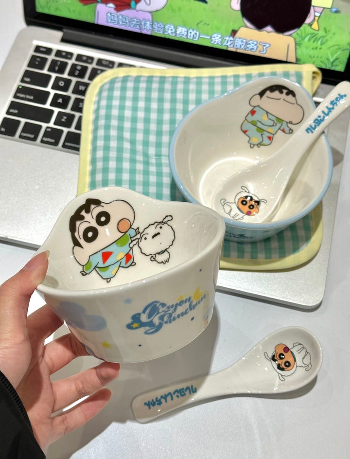 Crayon Shin-chan Cute Ceramic Tableware Set Irregular Shape Rice Bowl Soup Spoon Kids