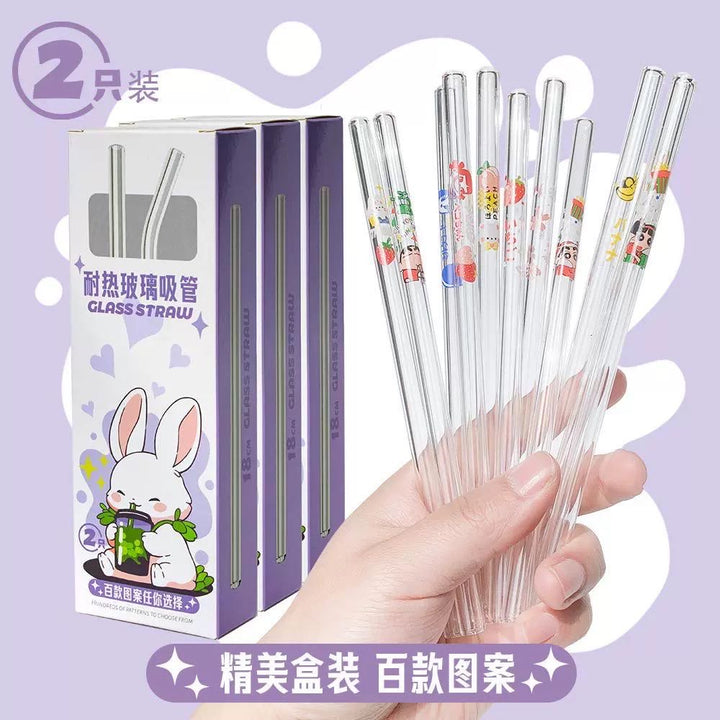 Transparent Heat Resistant Glass Straw Milk Tea Juice Straw 2Straw +Cleaning Brush Straw