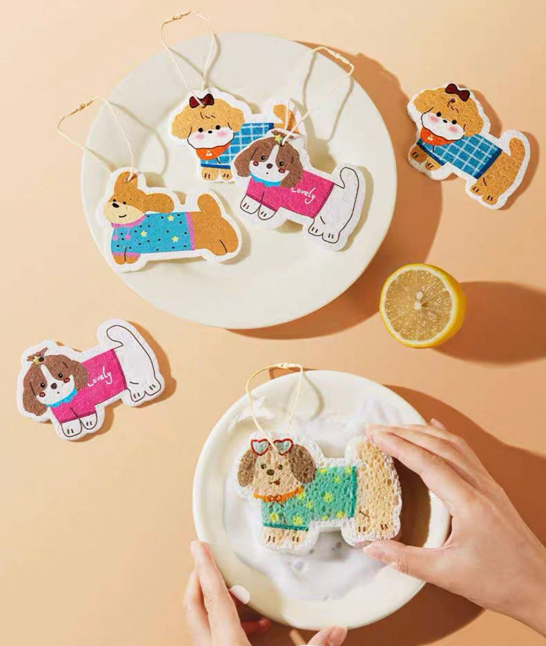Cute Lanyard Wood Pulp Sponge Dish Sponge Cup Scouring Pad 1 Set Different Styles