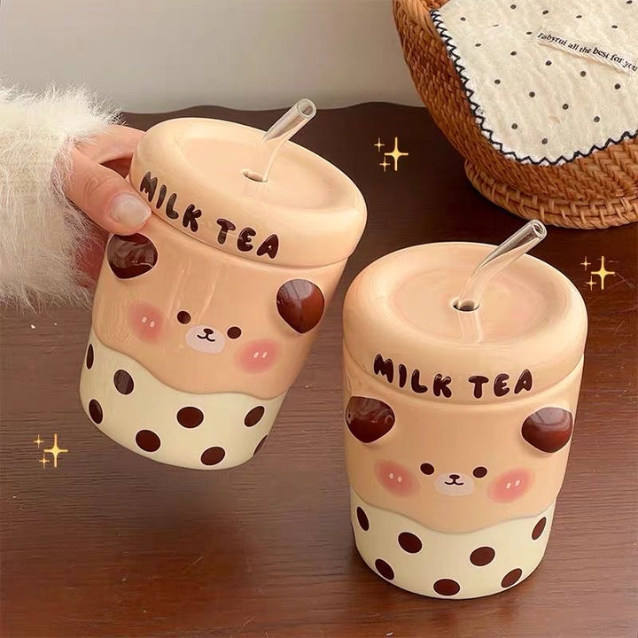 Cute Cute Milk Tea Straw Cup with Lid Ceramic Cup Glass Straw