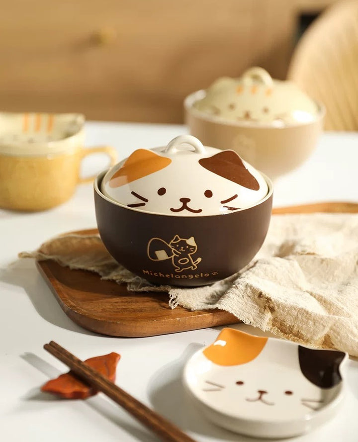 Cute Cat Ceramic Large Capacity with Lid Soup Bowl Noodle Bowl