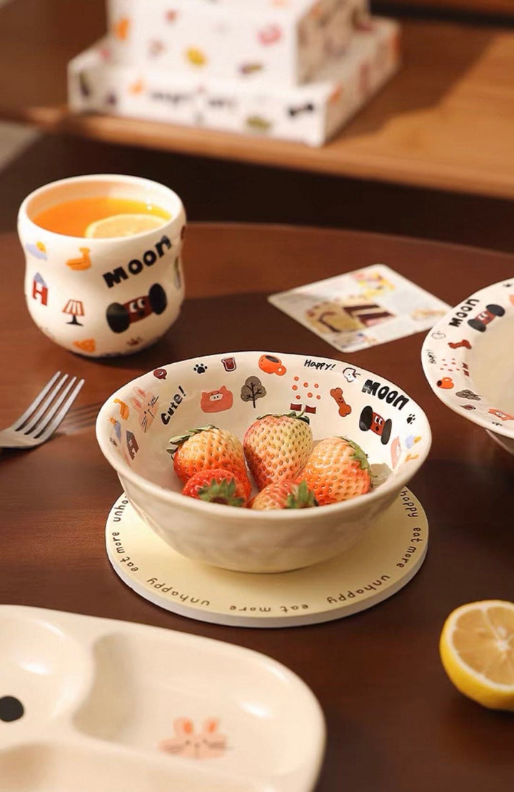 Cute Dog Series Underglaze Ceramic Tableware Set Compartment Plate Dinner Plate Rice Bowl Hand-held Cup