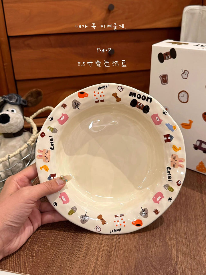 Cute Dog Series Underglaze Ceramic Tableware Set Compartment Plate Dinner Plate Rice Bowl Hand-held Cup