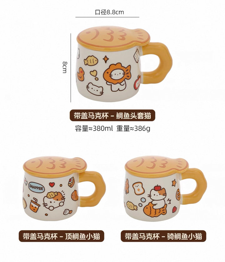 Cat Mug with Lid Ceramic Cup Underglaze Heat Resistant