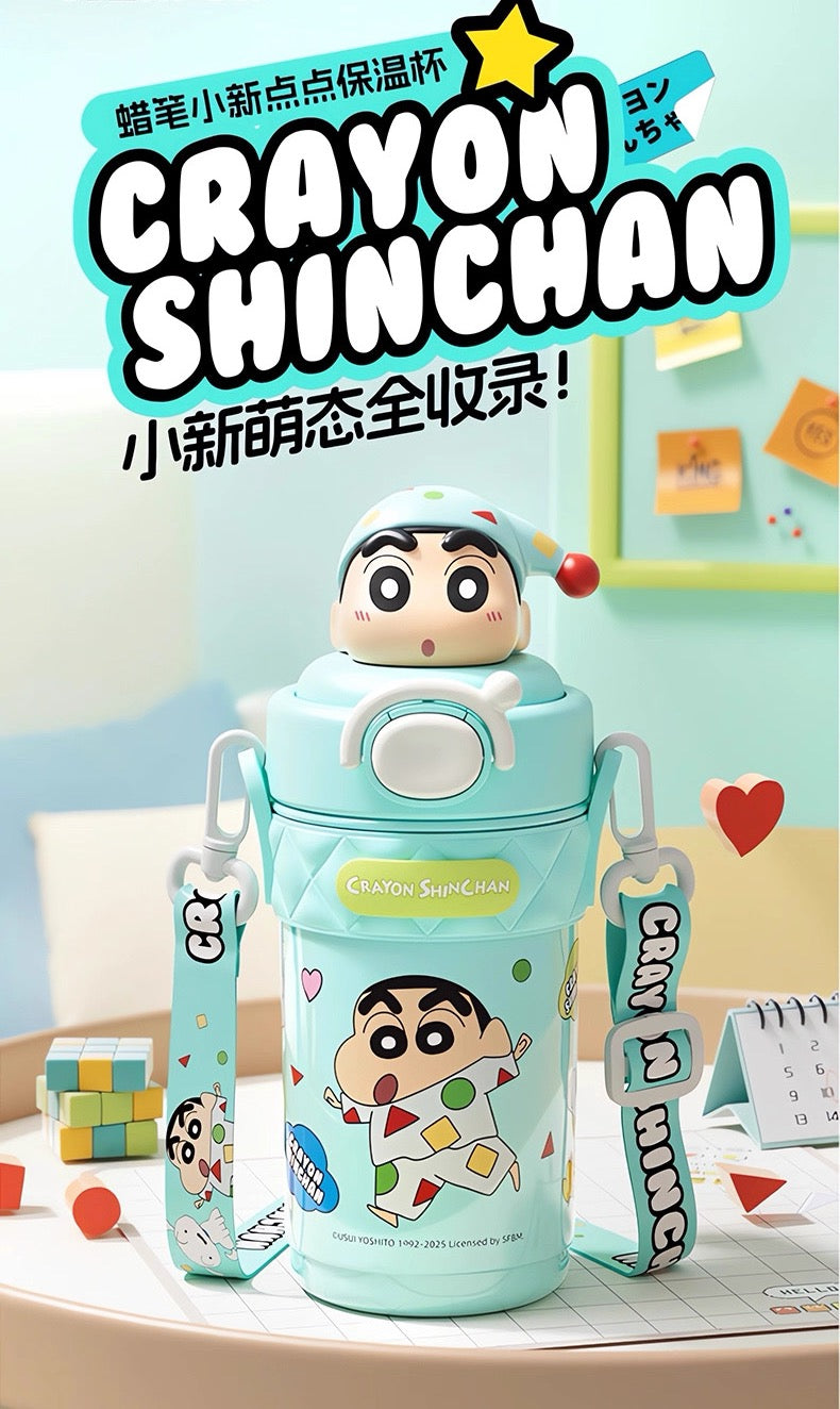 Crayon Shin-chan 316 Thermos Cup Portable Straw Cup Travel Mug Crossbody One-button Pop Lid +Safety Lock 520ml