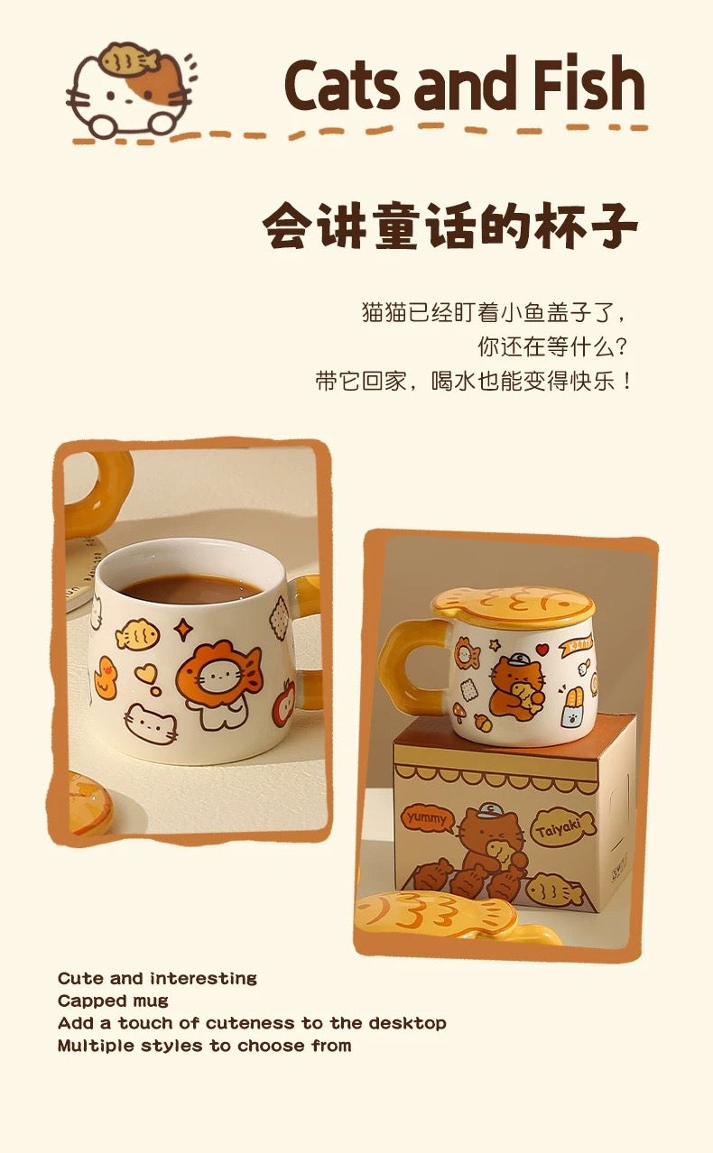 Cat Mug with Lid Ceramic Cup Underglaze Heat Resistant