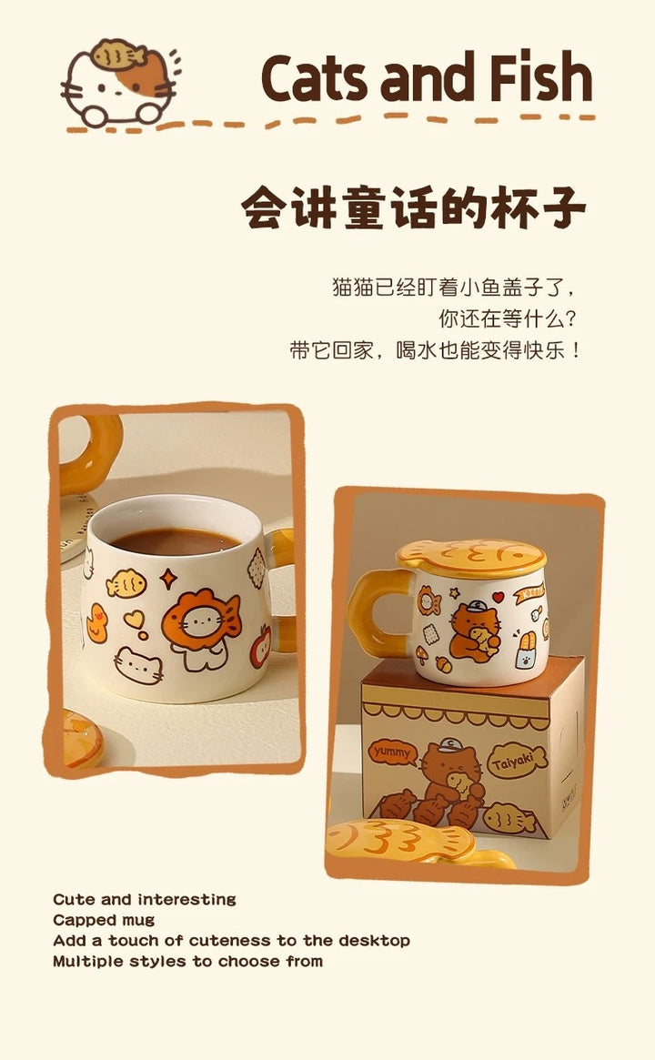 Cat Mug with Lid Ceramic Cup Underglaze Heat Resistant
