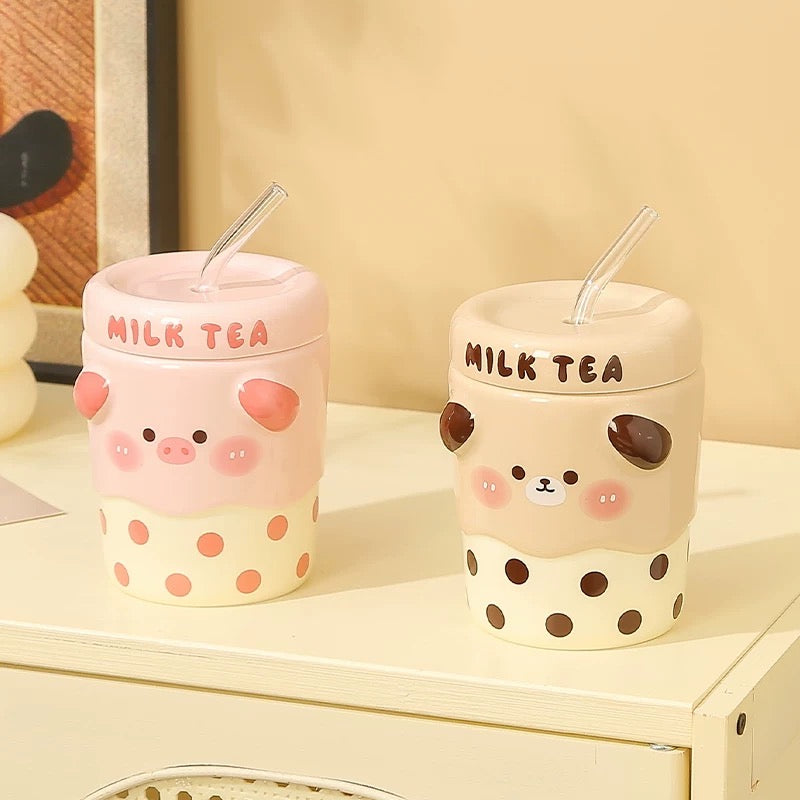 Cute Cute Milk Tea Straw Cup with Lid Ceramic Cup Glass Straw