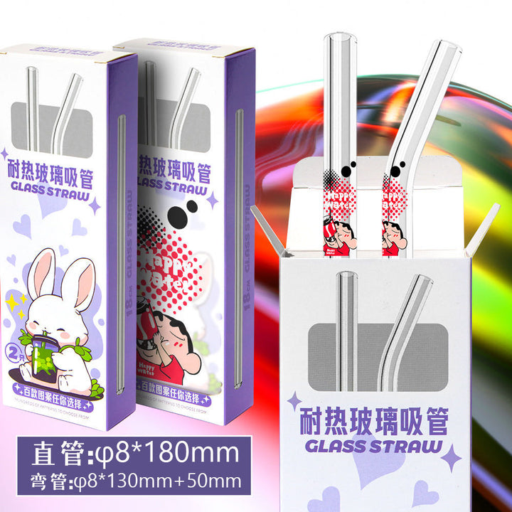 Transparent Heat Resistant Glass Straw Milk Tea Juice Straw 2Straw +Cleaning Brush Straw
