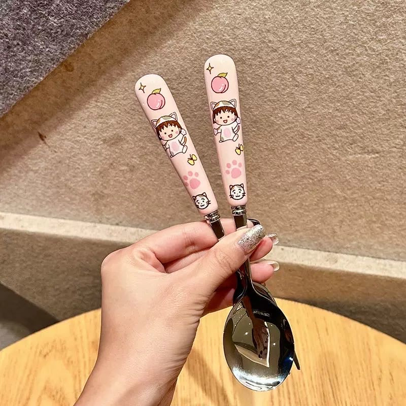 Chibi Maruko-chan 3-Piece Set Portable Tableware Set Stainless Steel Spoon +Fork +Chopsticks Pink Set