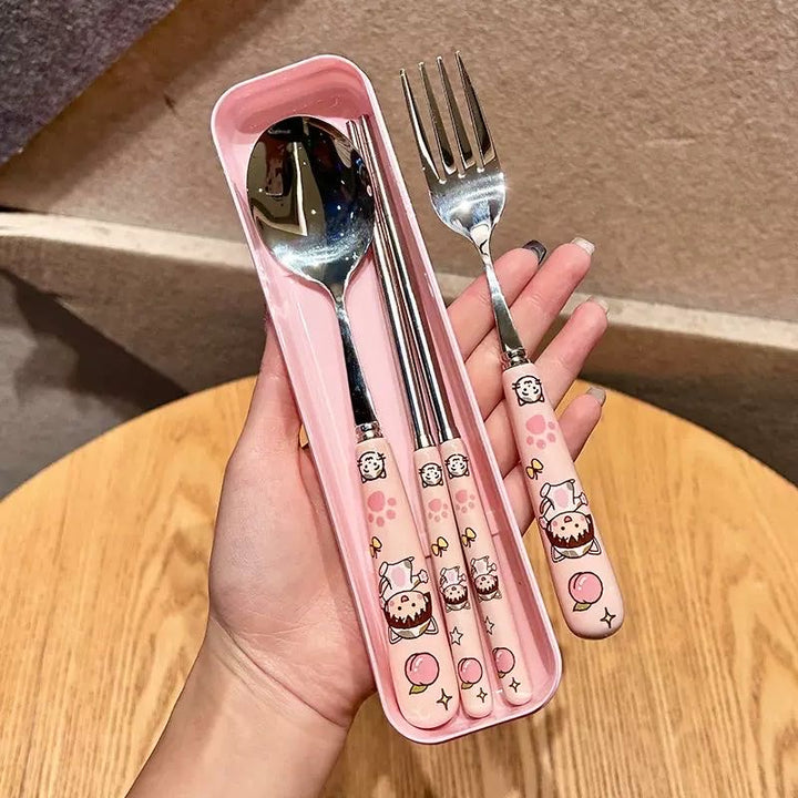 Chibi Maruko-chan 3-Piece Set Portable Tableware Set Stainless Steel Spoon +Fork +Chopsticks Pink Set