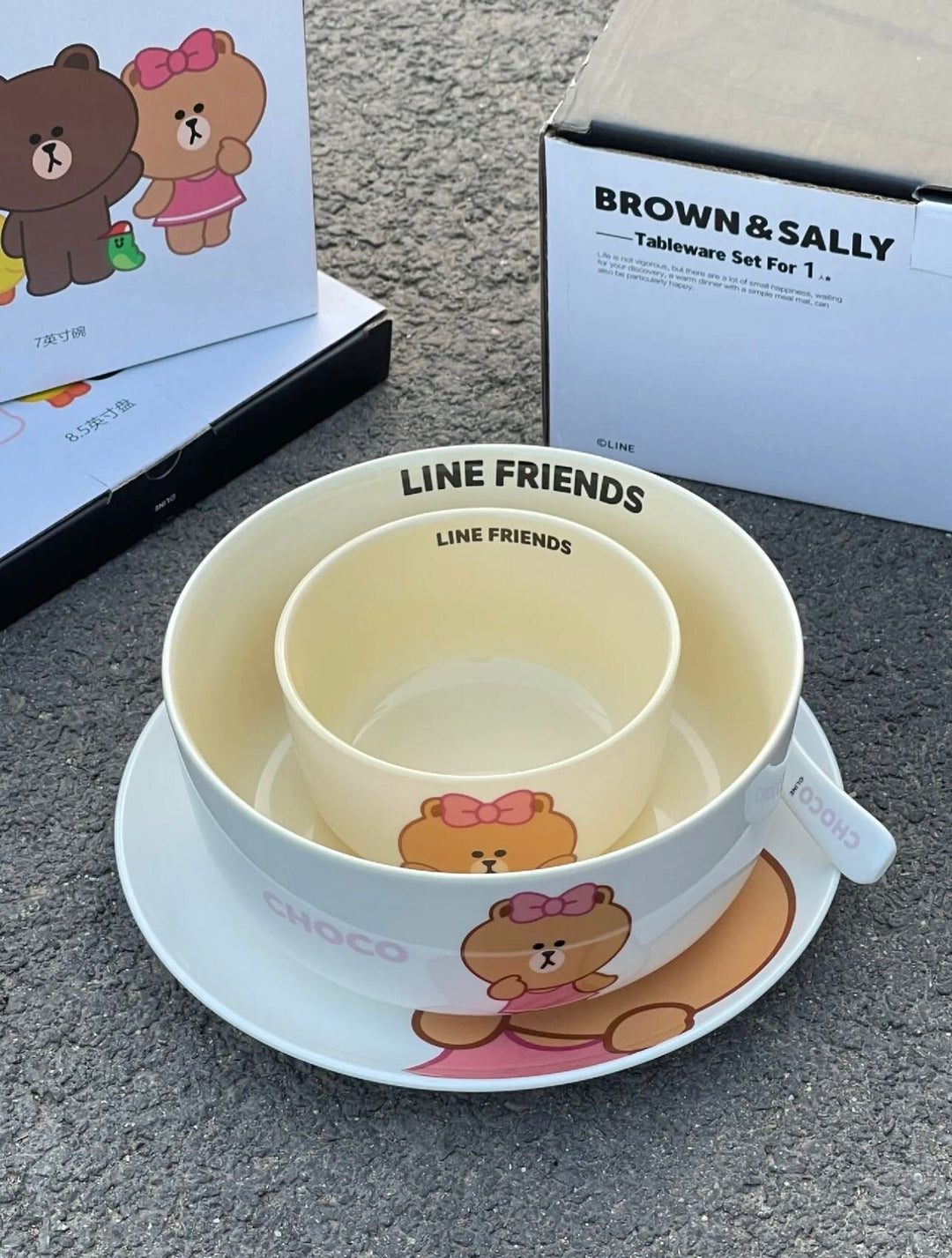 LINE FRIENDS Brown Bear & Choco Bear Ceramic Tableware For One Person 4 Gift Box