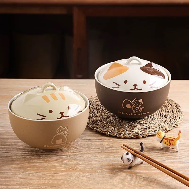 Cute Cat Ceramic Large Capacity with Lid Soup Bowl Noodle Bowl