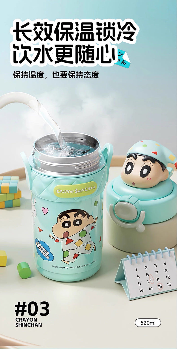 Crayon Shin-chan 316 Thermos Cup Portable Straw Cup Travel Mug Crossbody One-button Pop Lid +Safety Lock 520ml