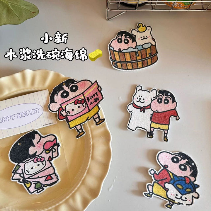 Crayon Shin-chan Hello Kitty 1 Set 4 Wood Pulp Sponge Dish Sponge Cup Scouring Pad