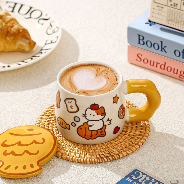 Cat Mug with Lid Ceramic Cup Underglaze Heat Resistant