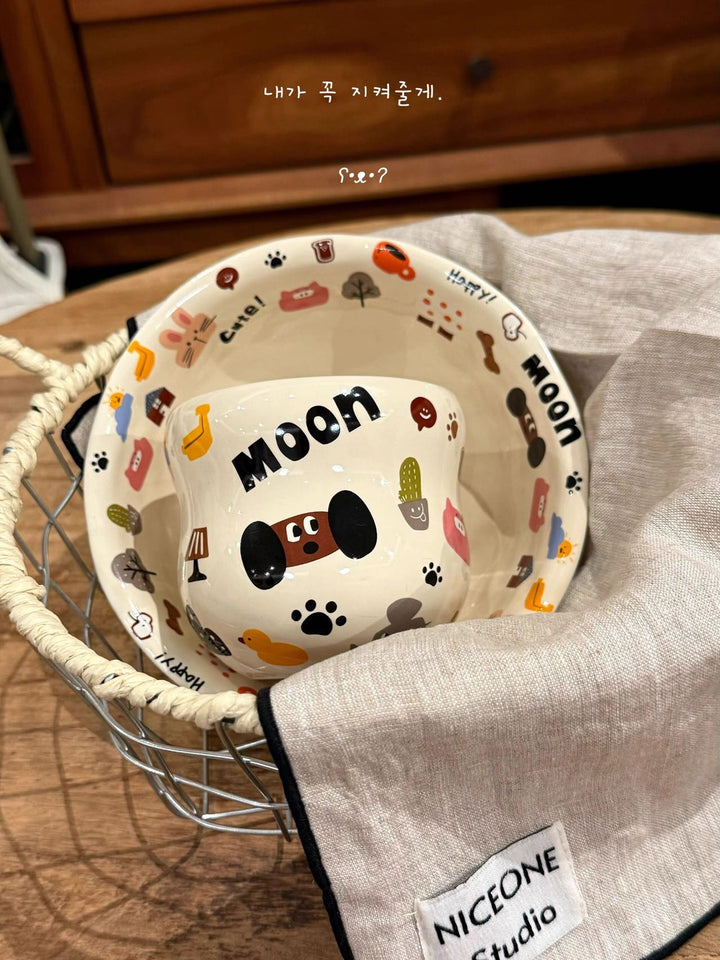 Cute Dog Series Underglaze Ceramic Tableware Set Compartment Plate Dinner Plate Rice Bowl Hand-held Cup
