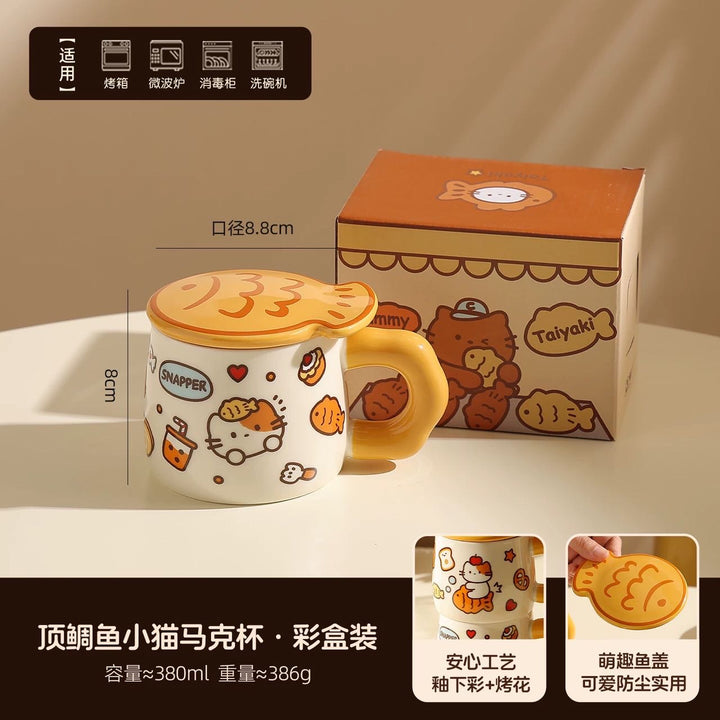 Cat Mug with Lid Ceramic Cup Underglaze Heat Resistant