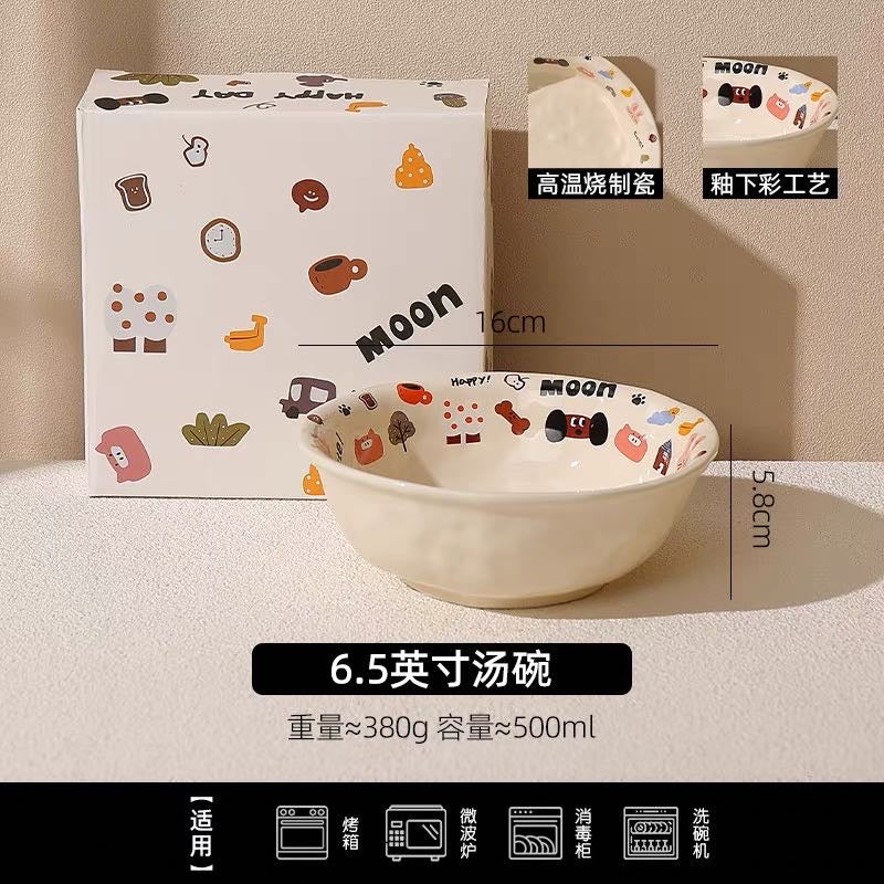 Cute Dog Series Underglaze Ceramic Tableware Set Compartment Plate Dinner Plate Rice Bowl Hand-held Cup