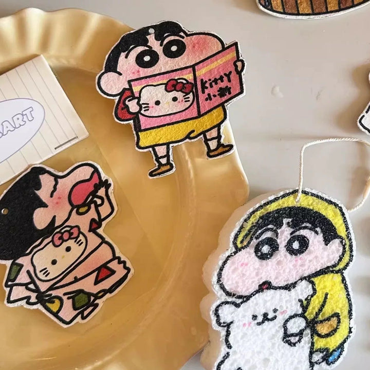 Crayon Shin-chan Hello Kitty 1 Set 4 Wood Pulp Sponge Dish Sponge Cup Scouring Pad
