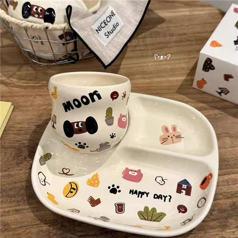 Cute Dog Series Underglaze Ceramic Tableware Set Compartment Plate Dinner Plate Rice Bowl Hand-held Cup