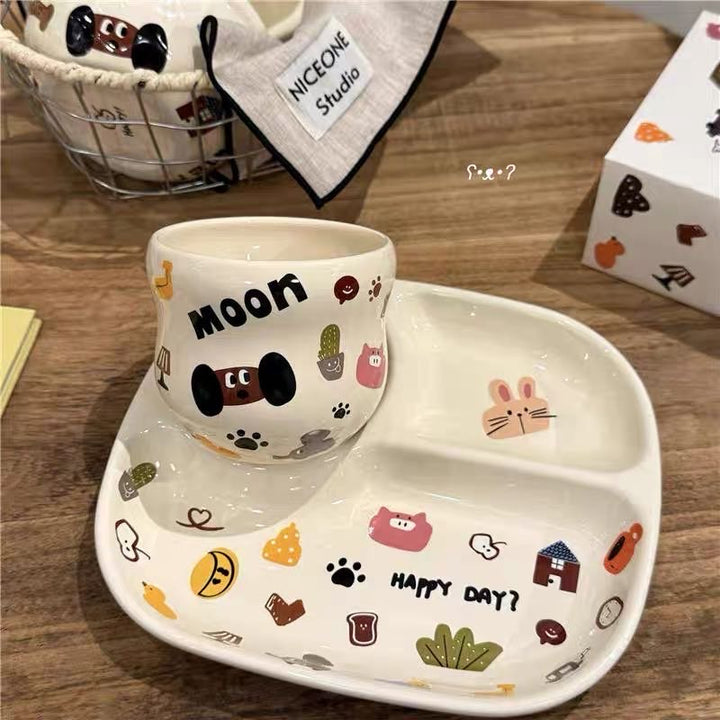 Cute Dog Series Underglaze Ceramic Tableware Set Compartment Plate Dinner Plate Rice Bowl Hand-held Cup