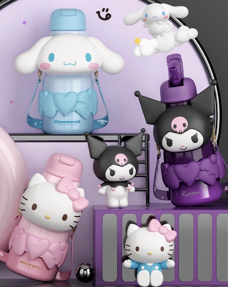 Sanrio Series 316 Stainless Steel Straw Thermos Cup Keep Warm Keep Cold Crossbody Printed + 3D Cup Sleeve