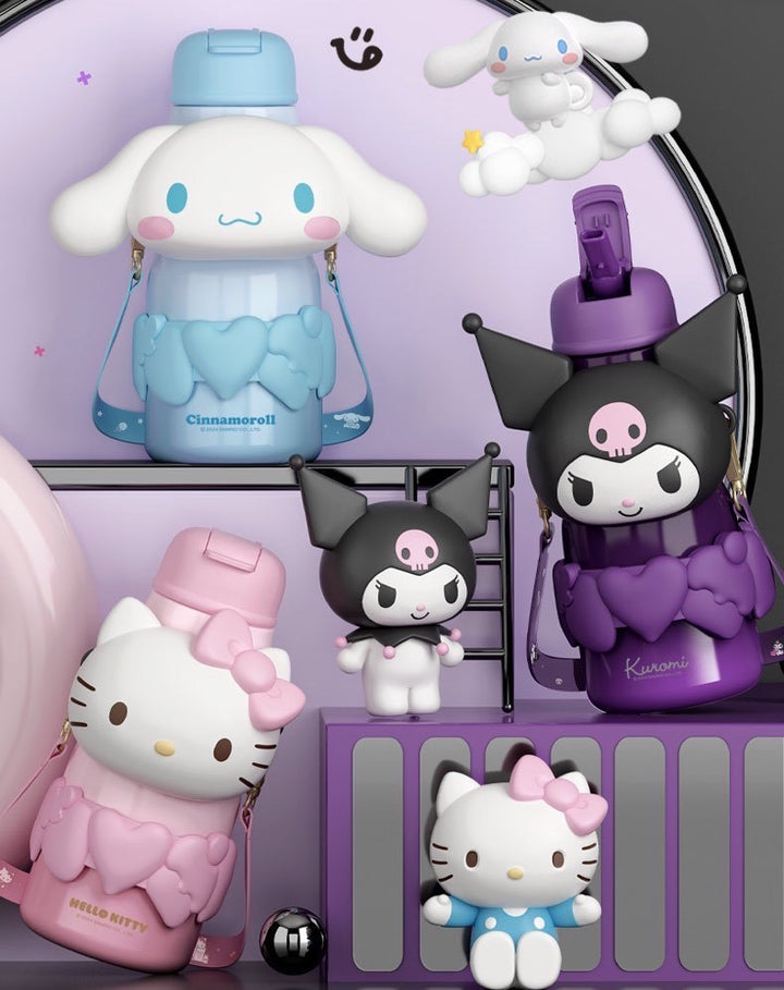 Sanrio Series 316 Stainless Steel Straw Thermos Cup Keep Warm Keep Cold Crossbody Printed + 3D Cup Sleeve