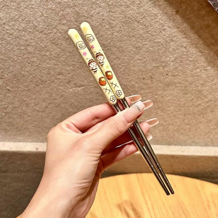 Chibi Maruko-chan 3-Piece Set Portable Tableware Set Stainless Steel Spoon +Fork +Chopsticks Pink Set