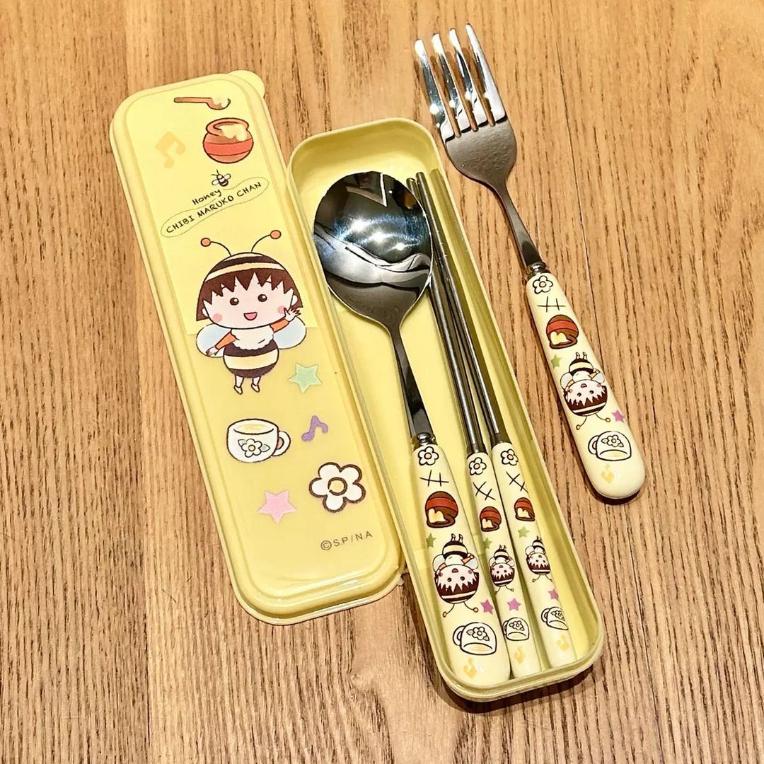 Chibi Maruko-chan 3-Piece Set Portable Tableware Set Stainless Steel Spoon +Fork +Chopsticks Pink Set