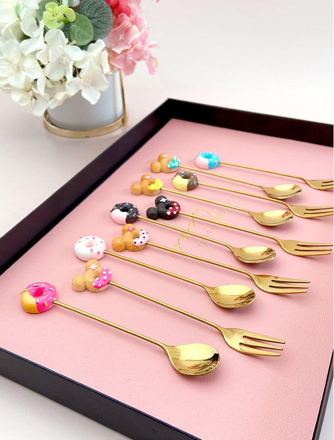 Donut 304 Stainless Steel Gold Coffee Spoon Fruit Fork 2-Piece Set