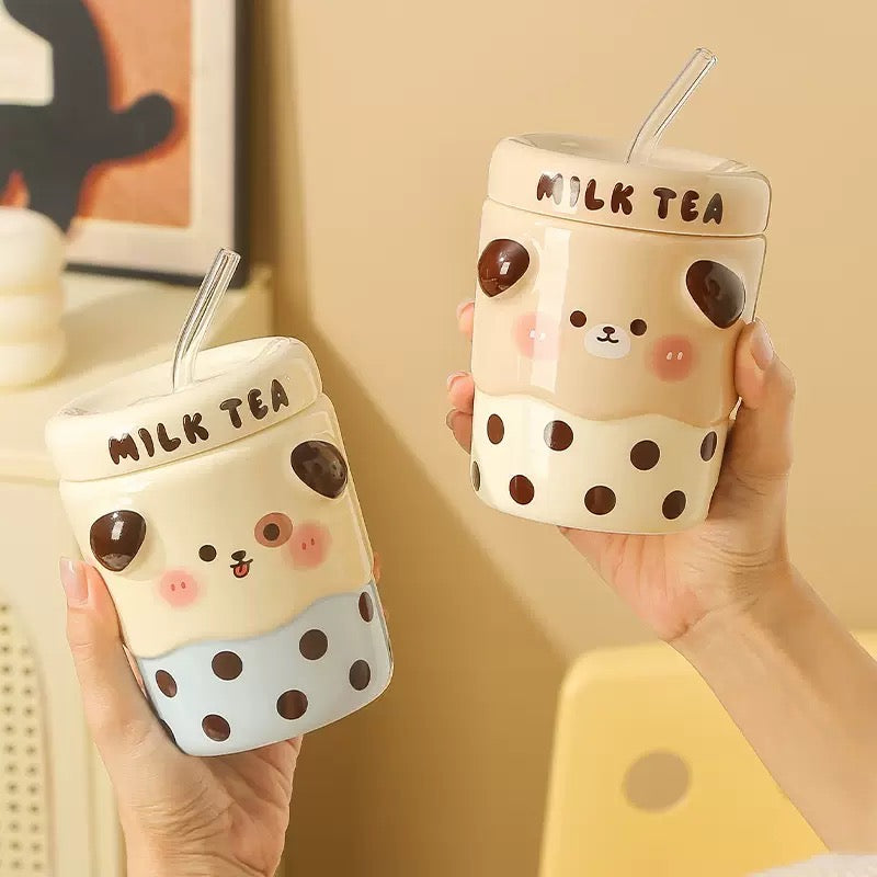 Cute Cute Milk Tea Straw Cup with Lid Ceramic Cup Glass Straw