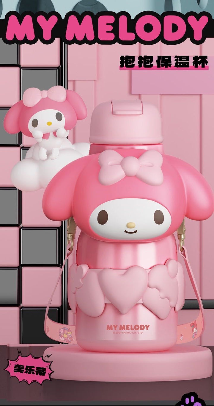 Sanrio Series 316 Stainless Steel Straw Thermos Cup Keep Warm Keep Cold Crossbody Printed + 3D Cup Sleeve