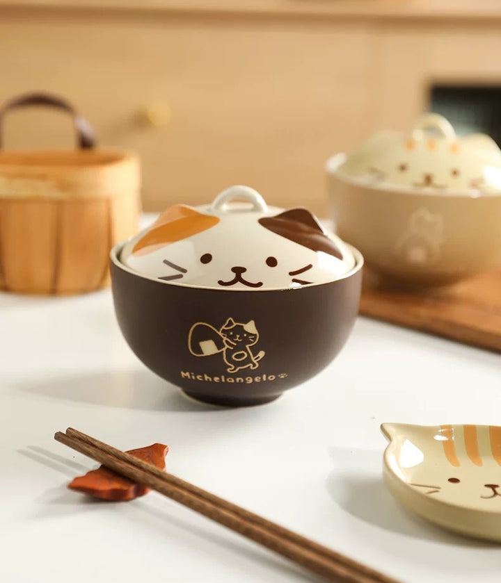 Cute Cat Ceramic Large Capacity with Lid Soup Bowl Noodle Bowl