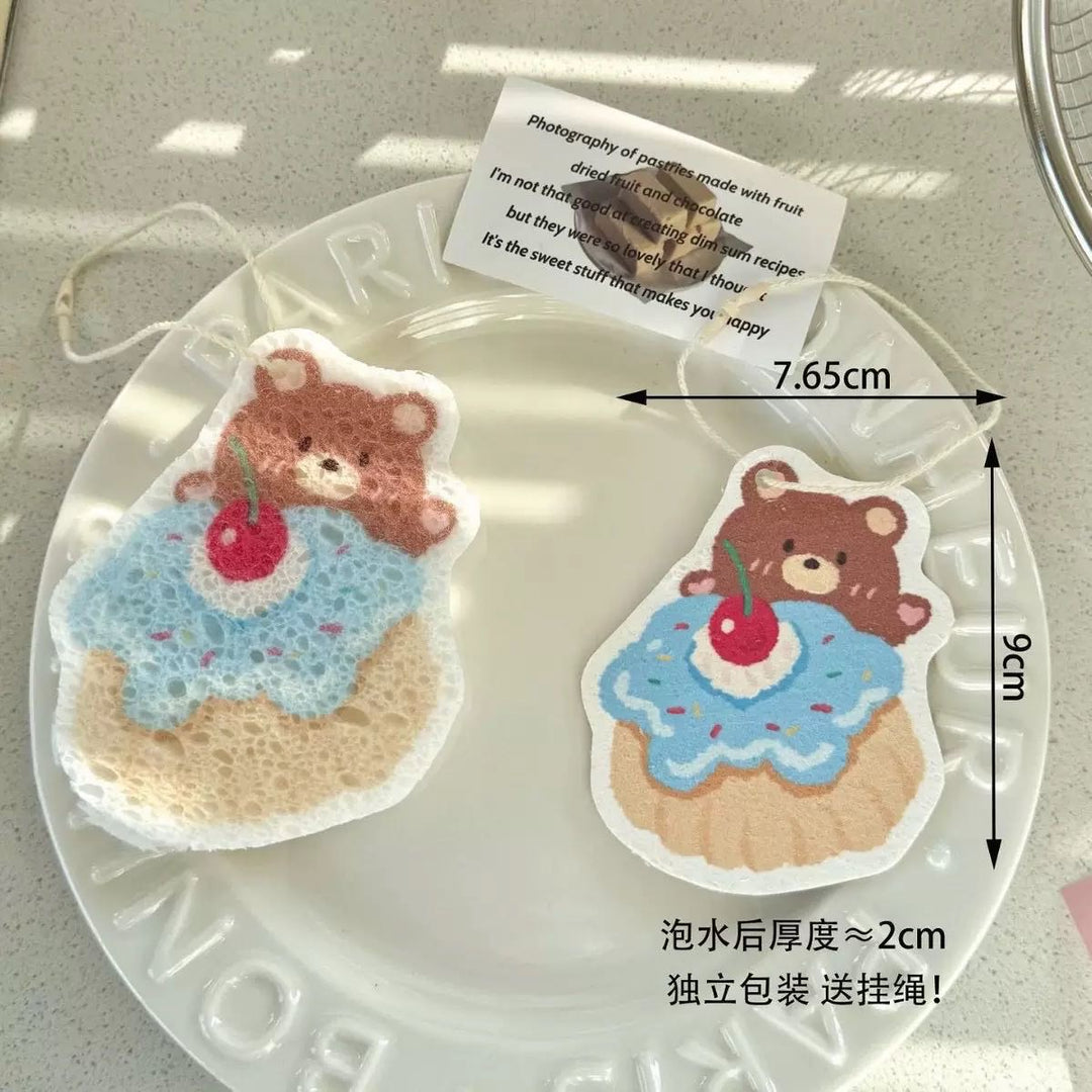 Bear 1 Set 4 Wood Pulp Sponge Bowl Scouring Pad