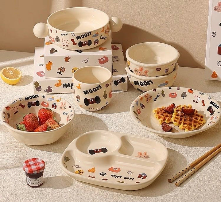 Cute Dog Series Underglaze Ceramic Tableware Set Compartment Plate Dinner Plate Rice Bowl Hand-held Cup