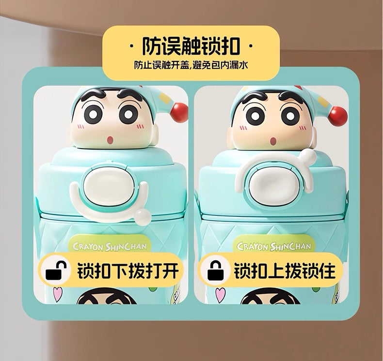 Crayon Shin-chan 316 Thermos Cup Portable Straw Cup Travel Mug Crossbody One-button Pop Lid +Safety Lock 520ml