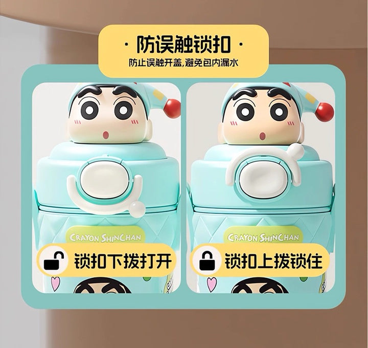 Crayon Shin-chan 316 Thermos Cup Portable Straw Cup Travel Mug Crossbody One-button Pop Lid +Safety Lock 520ml