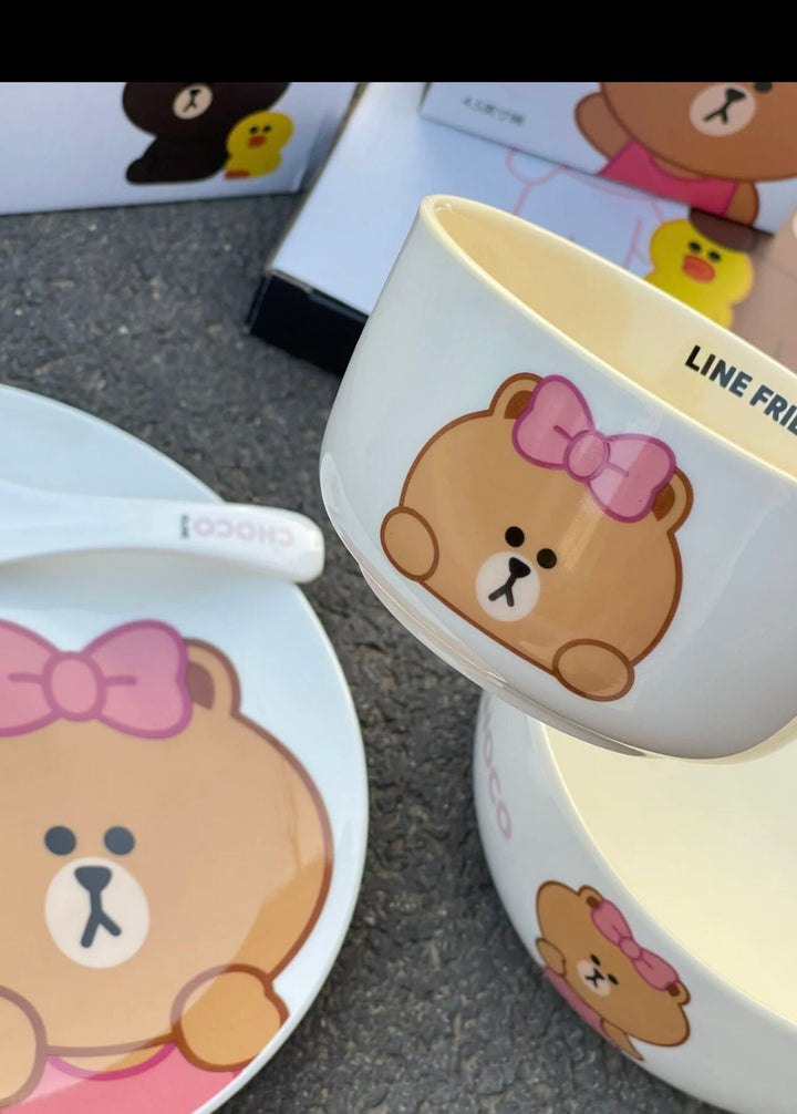 LINE FRIENDS Brown Bear & Choco Bear Ceramic Tableware For One Person 4 Gift Box